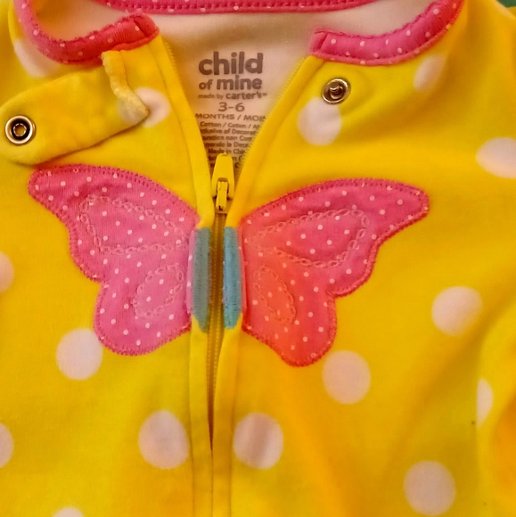 Carters Yellow Footie One Piece Pajamas with Pink Butterfly 3-6 Months - Picture 2 of 3